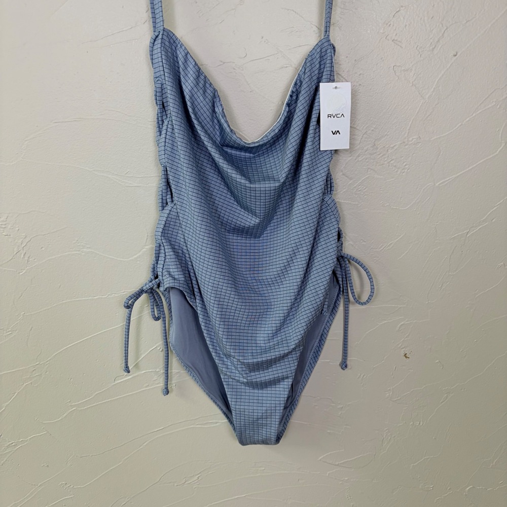 RVCA Beau One Piece Swimsuit Womens XL Blue Gingham Lace Up Side Cheeky